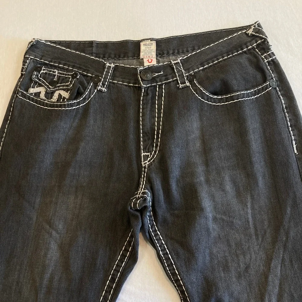 True Religion Jeans Men 40x26 Billy Super T Black Thick Stitch Raw Hem *BUTTONS*